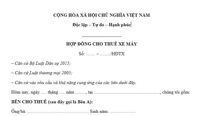 Tải ngay mẫu hợp đồng thuê xe máy đơn giản